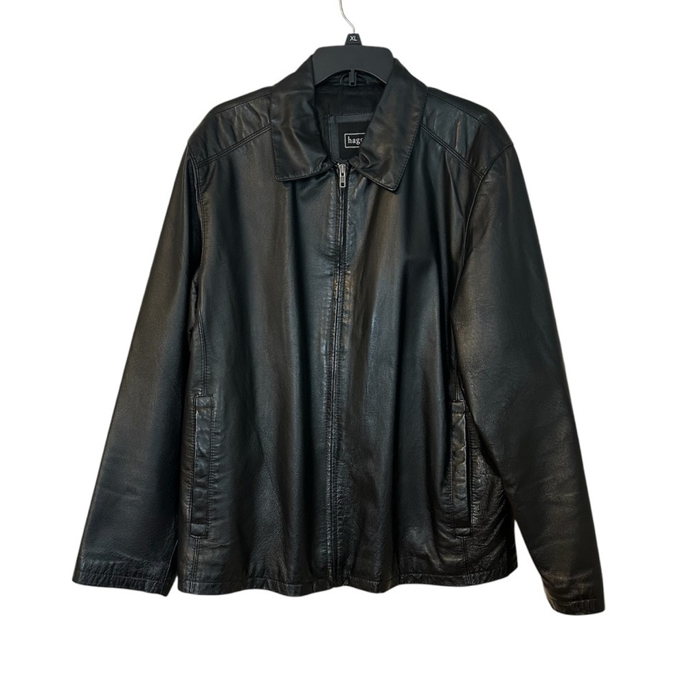 Haggar Leather Jacket Zip Up Black Fully Lined Pockets Y2K Size M
